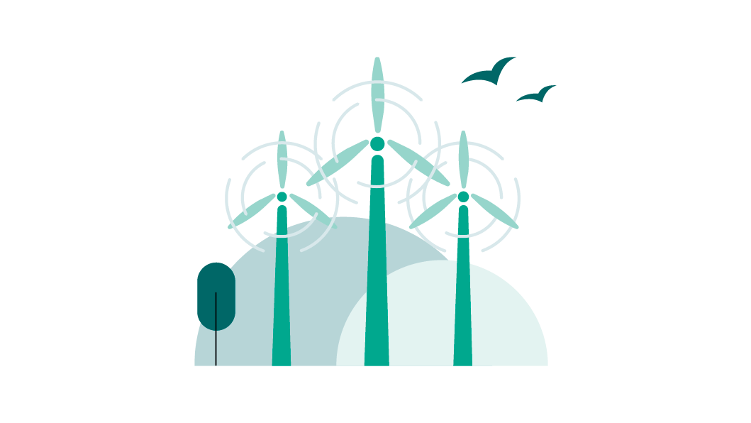 An illustration of wind turbines and green hills