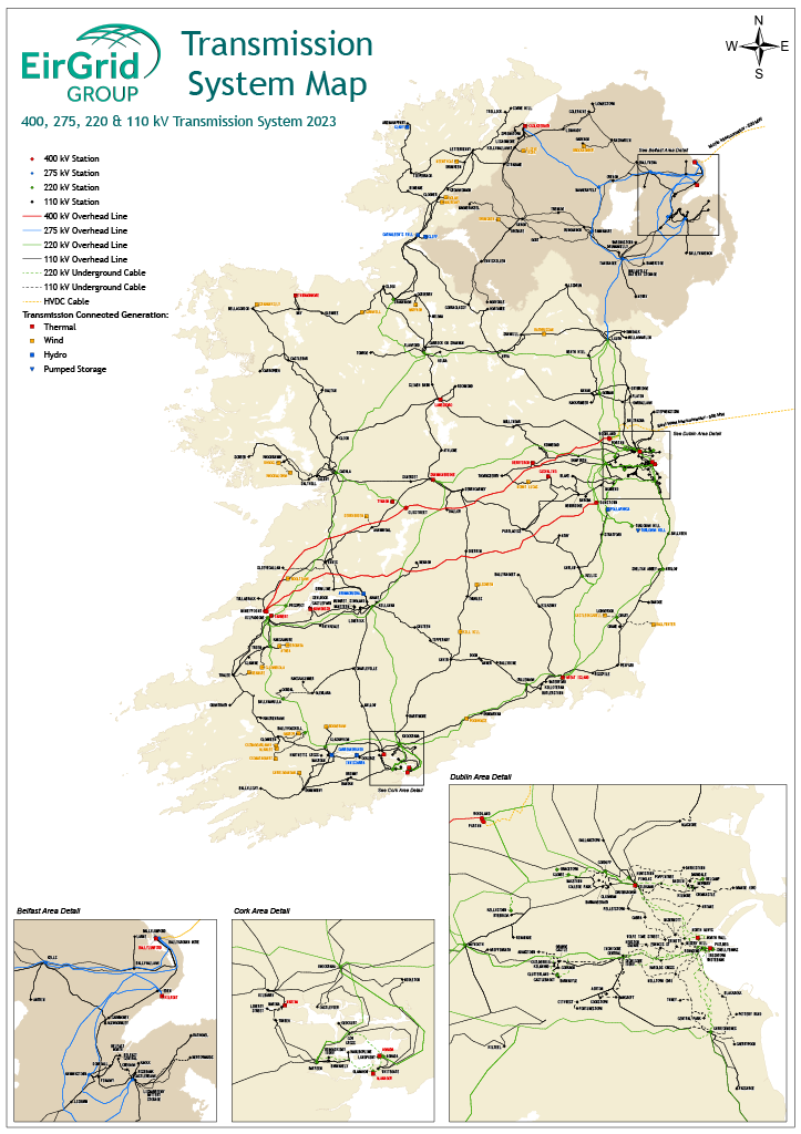A map of the EirGrid transmission system, as of December 2023